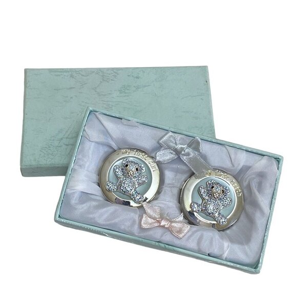 Baby Gift Set Keepsake Boxes 1st Tooth & Curl Silverplate  Austrian Crystal Bear - Picture 1 of 11